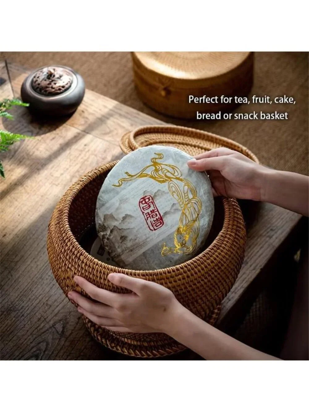 Basket Storage Rattan Woven Basket with Lid Round Wicker Fruit Box